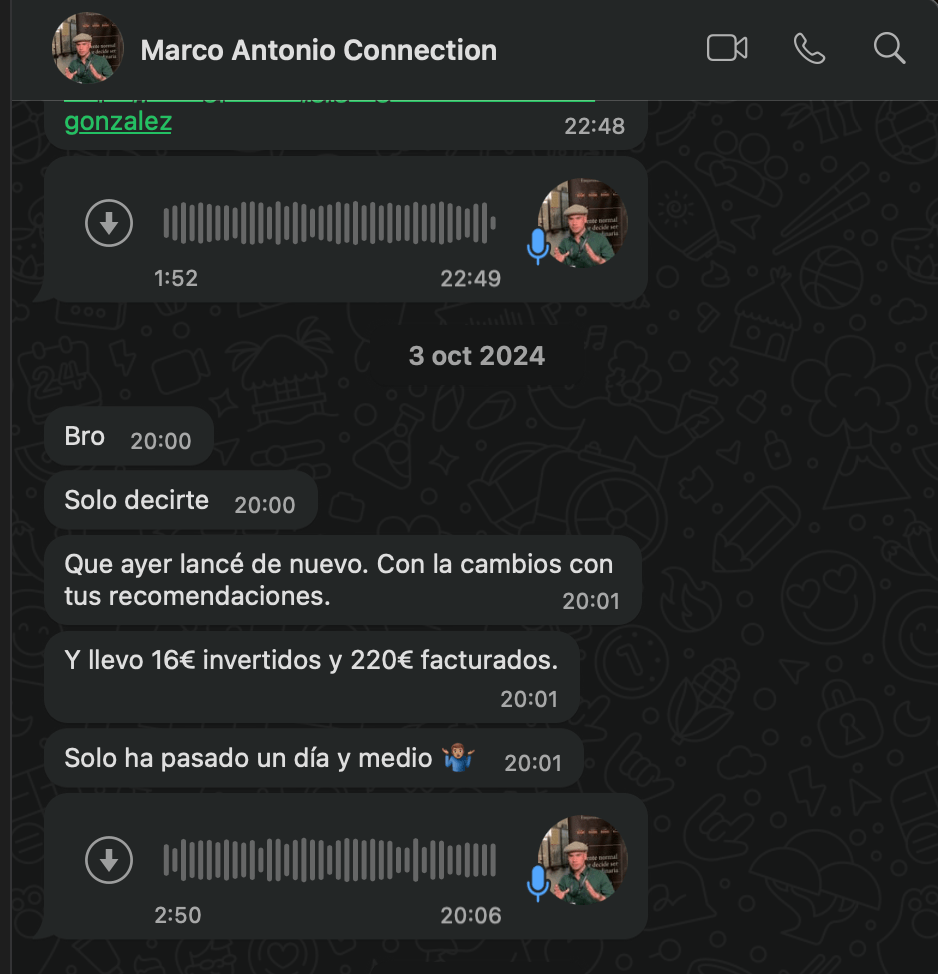 Resultado cliente — 16€ invertidos, 220€ facturados